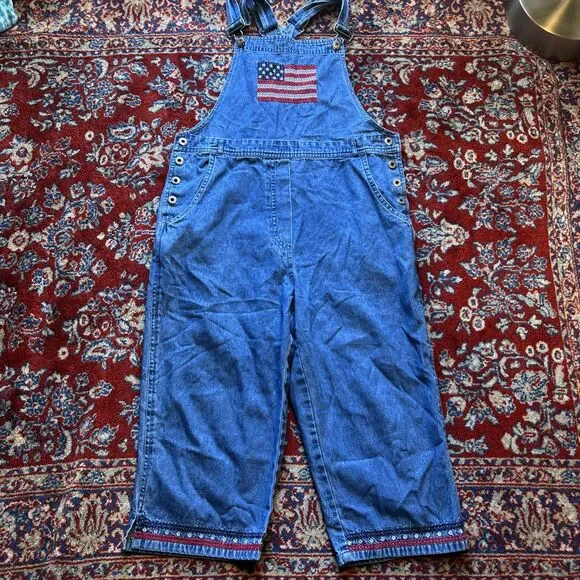Agapo 90s Women Denim Overalls American Flag Blue Jean USA Embroidered M VTG - Picture 1 of 6